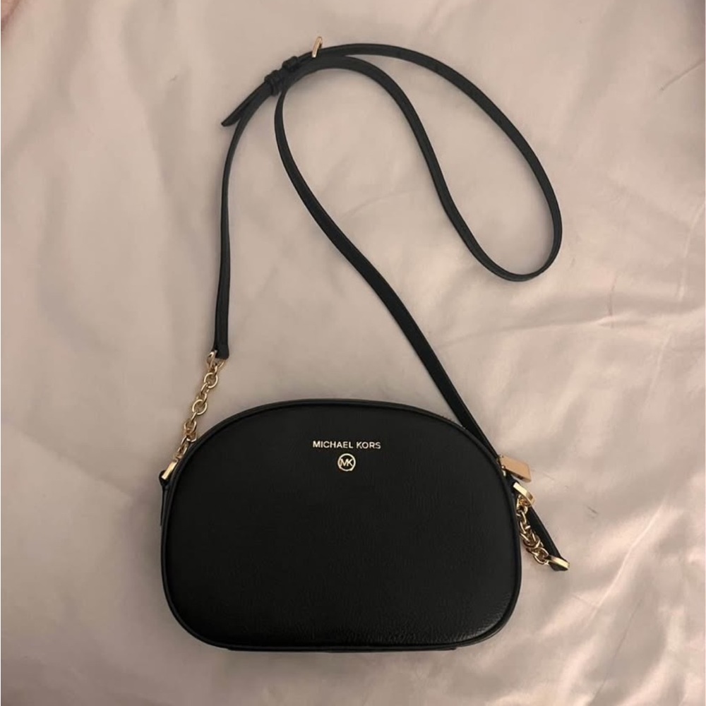 MICHAEL Michael Kors Black Pebbled Leather Dome Crossbody with Gold Hardware